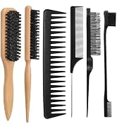 6PCS Boar Bristle Slick Back Hair Brush with Edge Brush Rat Tail Comb, Wide Tooth Comb for Men Women