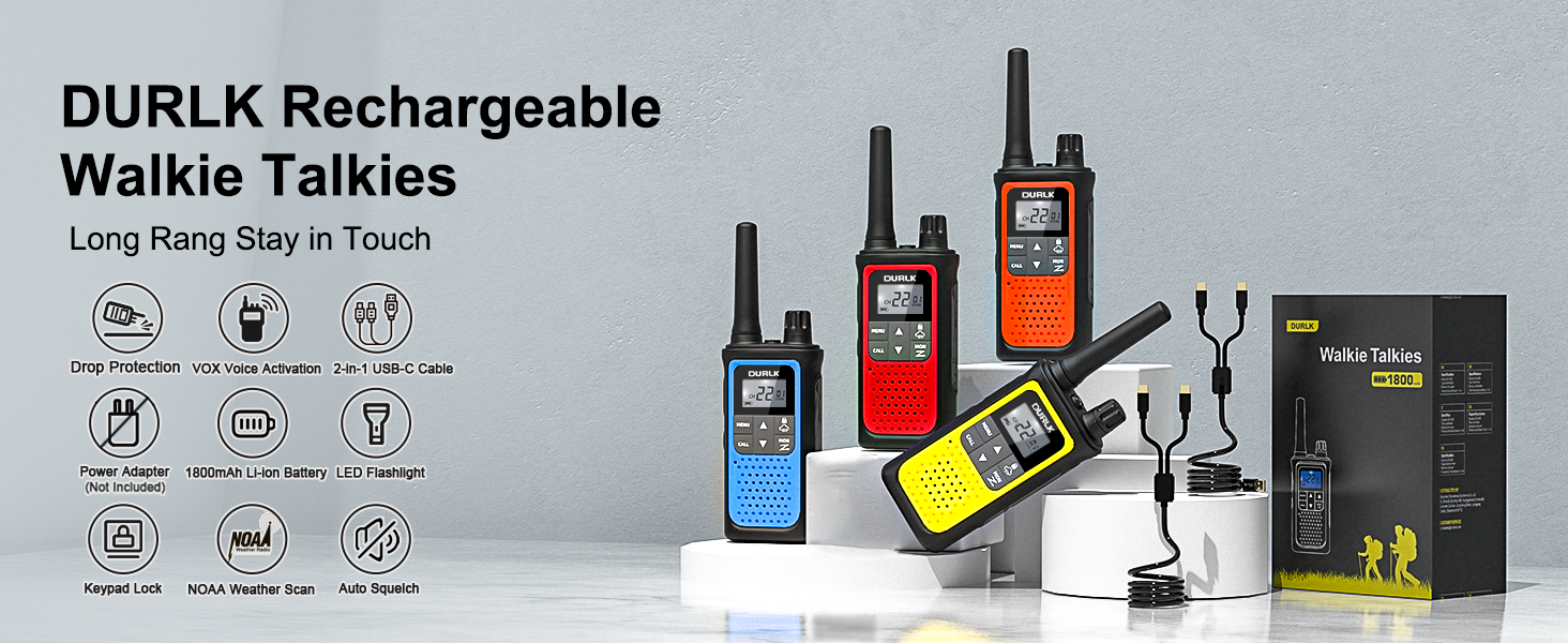 DURLK 4 pack walkie talkies long range in blue orange yellow red with cables and box