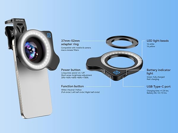 HB100UFL26 Professional Macro Lens for Smartphone with Ring Light