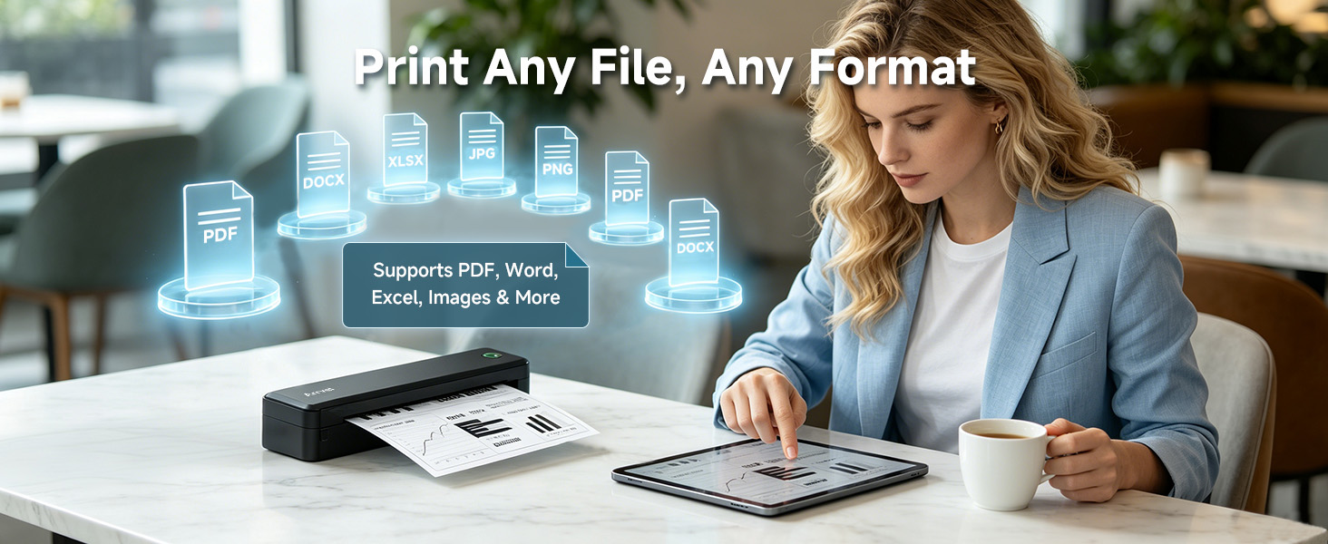 Woman uses the A8 portable document printer to print PDF, Word, Excel, and image files from a tablet
