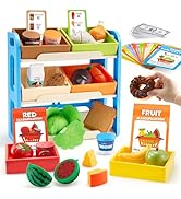 Montessori Color Sorting Food Toy, 60+ Pieces Play Food for Kids with Display Rack &amp; 6 Boxes, Gro...