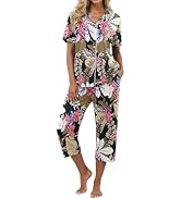 PrinStory Capri Pajamas for Womens Button Down Pjs Short Sleeve Comfy Lounge Set 2 Piece Pj Sets ...