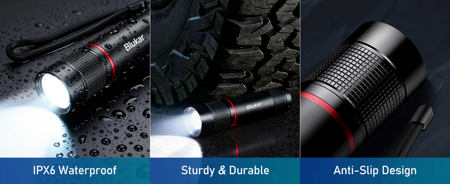 Series of flashlight or tactical light product photos showing beam patterns and metal construction details with red accent rings.