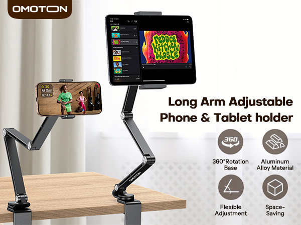 Text reads 'OMOTON Long Arm Adjustable Phone & Tablet holder'. Product features shown include 360° rotation, aluminum alloy material, and flexible positioning capabilities.