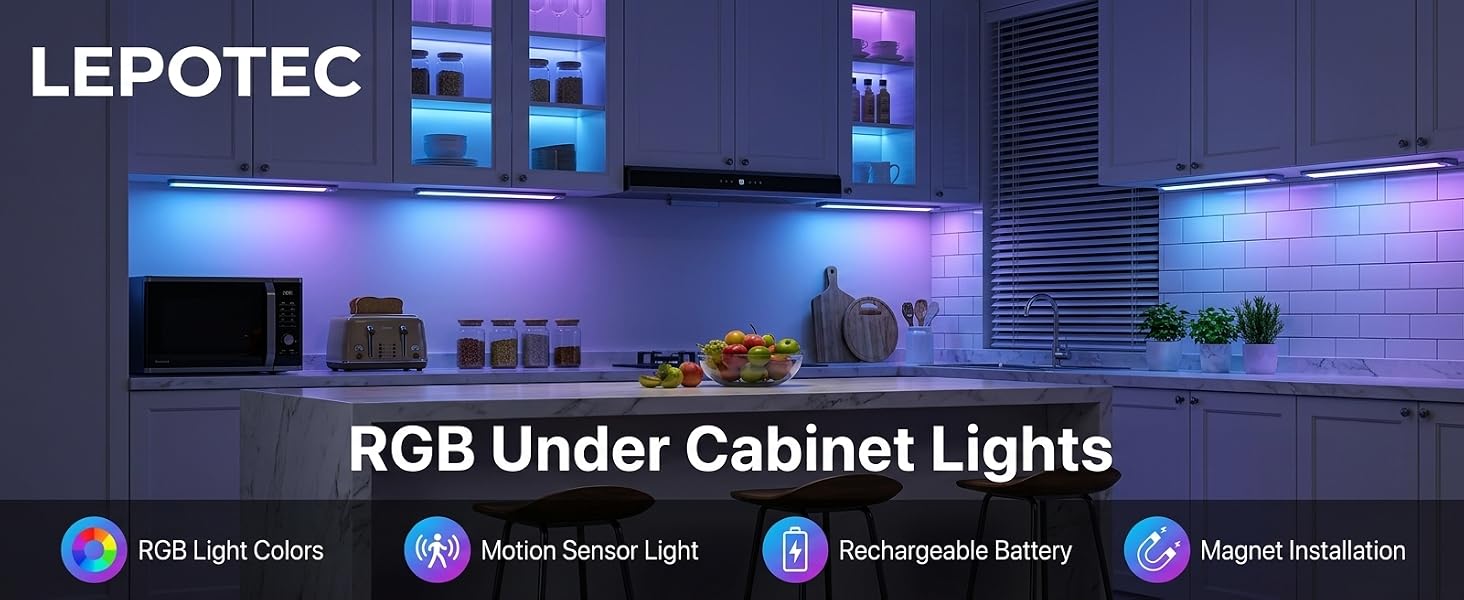 Text reads 'LEPOTEC', 'RGB Under Cabinet Lights' with feature icons for 'RGB LED Colors', 'Motion Sensor', and 'Night Installation'. Image shows purple and blue LED lighting installed under kitchen cabinets illuminating modern countertop.