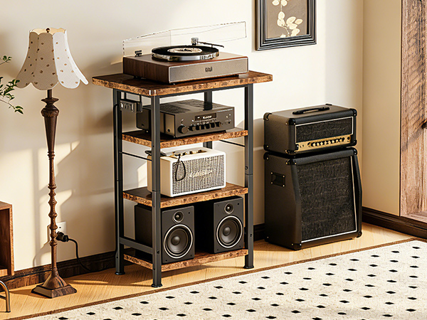 4-Tier AV Media Stand with Power Outlet, Wooden Record Player Stand