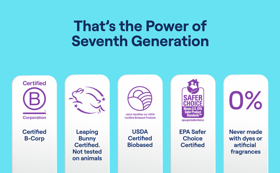 That&amp;#39;s the Power of Seventh Generation. Certified B-Corp. Leaping Bunny Certified Nottested onanimal
