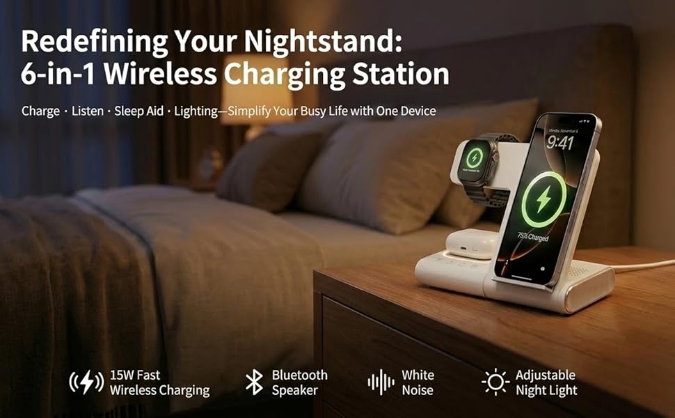 BezosMax 6-in-1 wireless charging station with bluetooth speaker, white noise &amp;amp; night light