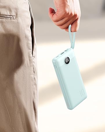 Light blue smartphone with lanyard cable design, held by hand. Demonstrates portability and ease of carrying.