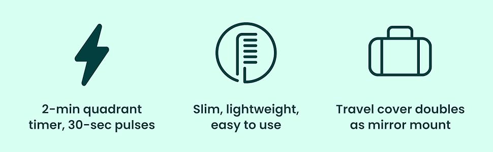 2-min quadrant timer, 30-sec pulses. Slim, lightweight, easy to use. Travel cover. Mirror mount.