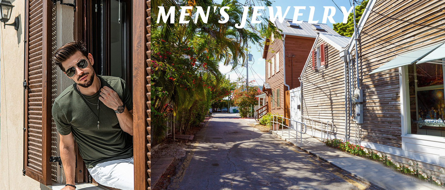 Text reads: 'MEN'S LIFE'. Street scene with person in casual wear near storefront and pathway with trees.