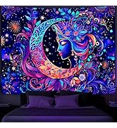 Simpkeely Blacklight Moon and Star Tapestry, Elegant Goddess UV Reactive Sun Mandala Wall Hanging...