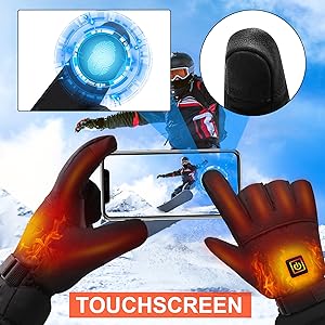 Gloved hands holding a smartphone with touchscreen capabilities, displaying winter sports scene. Insets show fingertip detail and blue interface graphic.