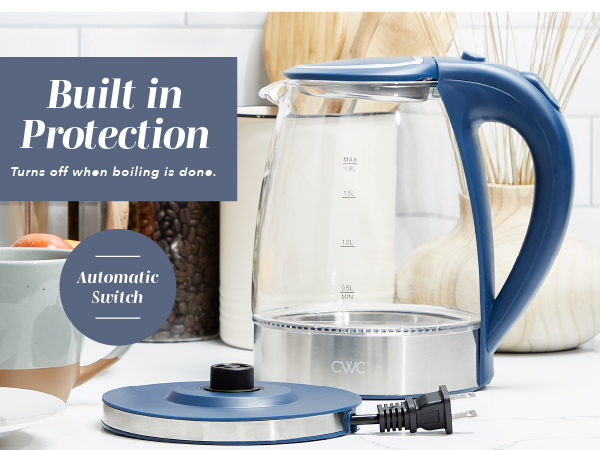 Easy-to-use electric glass kettle with 360-degree swivel base and single-touch power button.