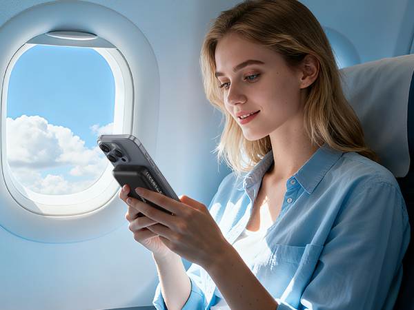 Multiple shots of passenger looking through airplane window during flight, showing blue sky and clouds from different angles.