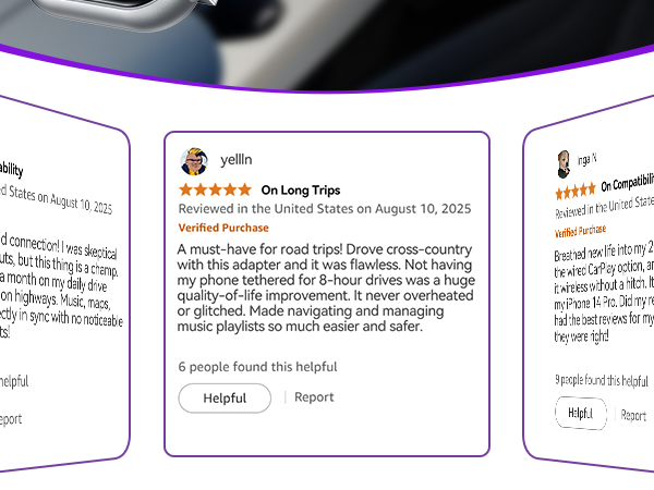 Customer reviews showing positive experience with wireless CarPlay adapter for iPhone