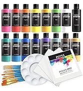 Pixiss Acrylic Paints Set of 16 (59 ml/2fl.oz), Paint Brush 10 Piece Set, 5x5-Inch Canvases 3 Pac...
