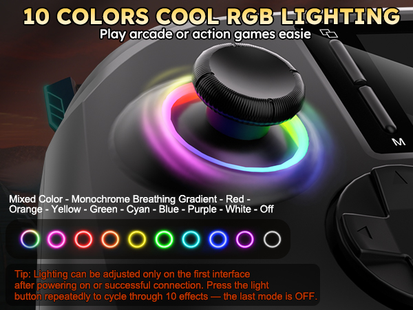 The picture shows the colored lights next to the joystick,controller 10 colors cool rgb lighting