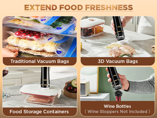 Vacuum sealer used with bags, containers and wine bottles to extend freshness across various foods.