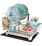BOOSINY 2 Tier White Large Stainless Steel Dish Drainers Drying Rack for Kitchen Counter with Dra...