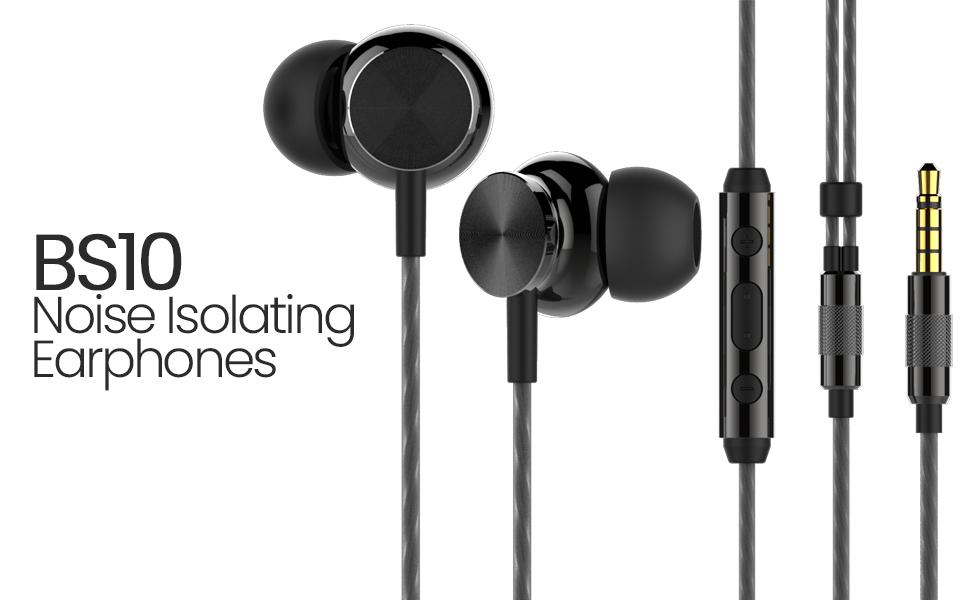 Betron BS10 wired noise isolating earbuds with inline mic and 3.5mm jack in black