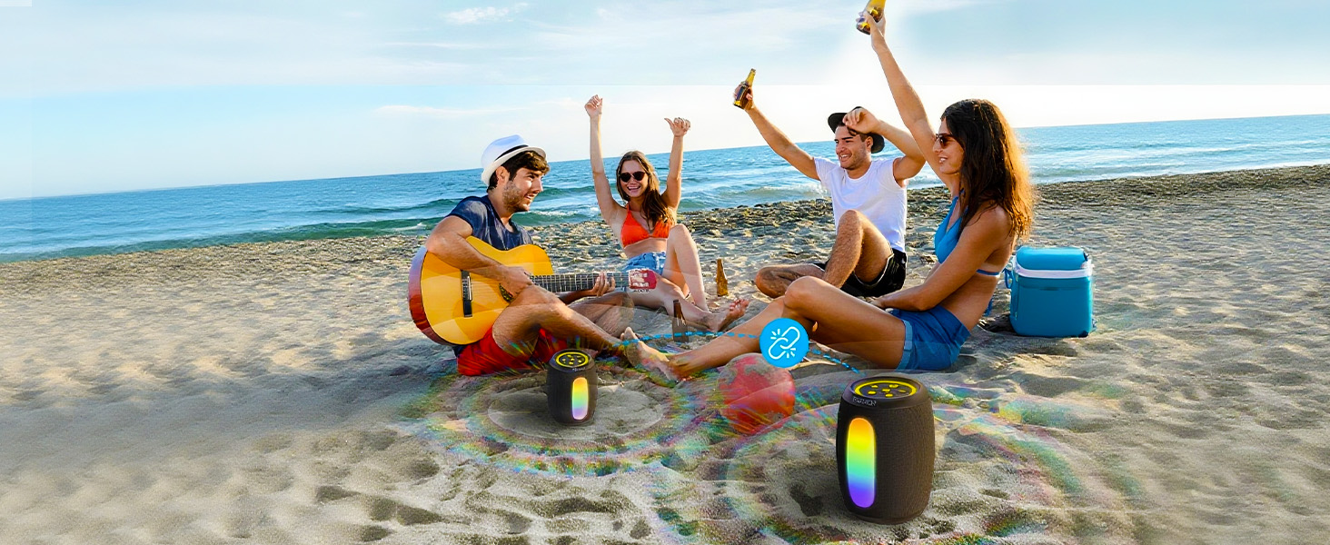 Connect two wireless Bluetooth speakers for two-channel surround sound and double the volume.