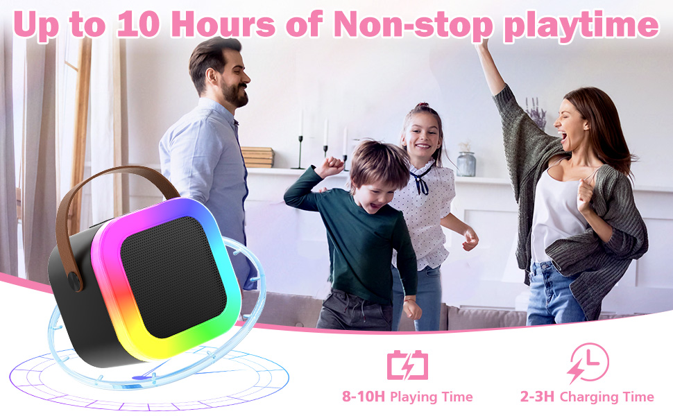 Text reads: 'Up to 10 Hours of Non-stop playtime.' Series of promotional images showing colorful smartwatch or fitness tracker interfaces with time and activity tracking features.