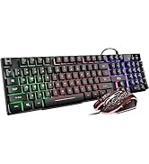 Rii Keyboard and Mouse Set, Rainbow LED Backlit Multimedia PC Keyboard, Colorful Breathing Backli...
