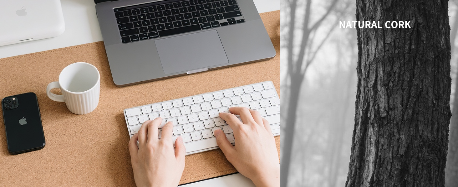 Hands work on the key board ,Cork mouse pad for laptop on the desk