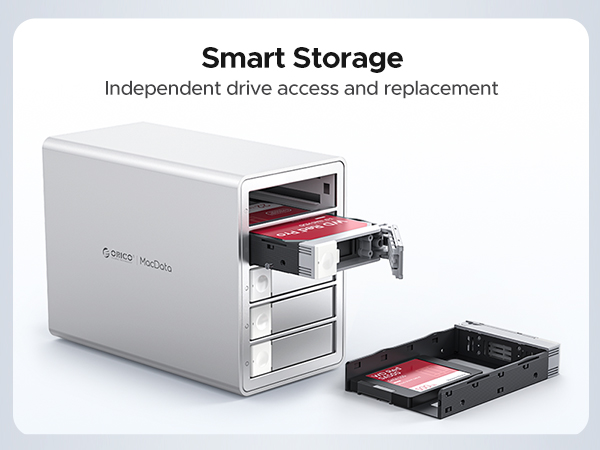 Smart storage device with multiple drive bays, featuring independent access and hot-swappable design in silver metallic finish.