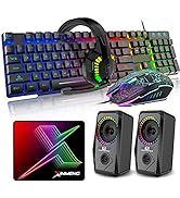 5 in 1 Wired Gaming Keyboard Mouse Headphone and Speaker Combo with Multi RGB Backlight Ergonomic...