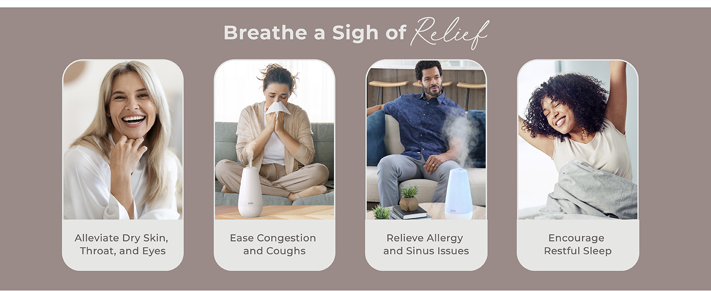 breathe better with pure enrichment humidifier, alleviate dry skin, ease congestion, reduce allergy