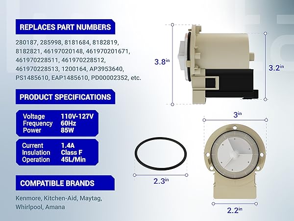 kenmore he3t drain pump 280187 8181684 washer ap3953640 27122 461970201671 ghw9100lw1 wpl-280187
