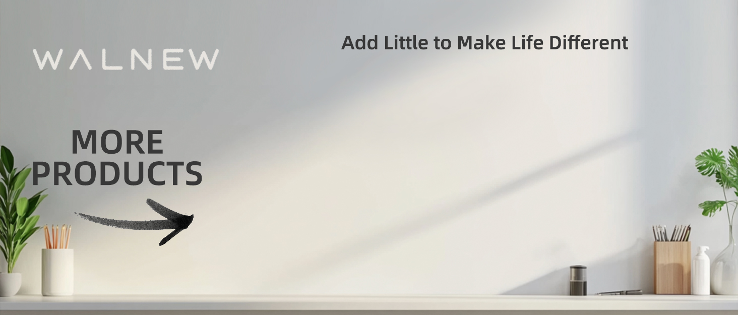 Minimalist white wall display with WALNEW brand logo and text 'Add Little to Make Life Different', featuring decorative plants and storage items.