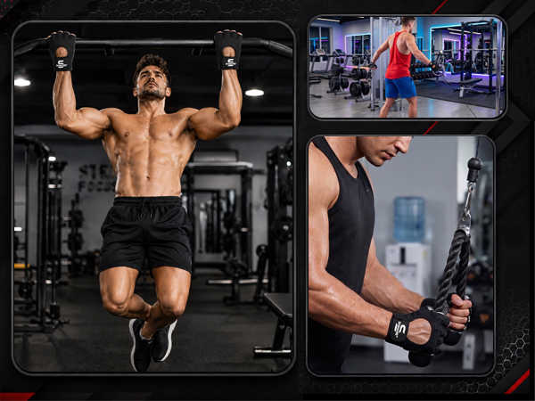 Composite fitness image showing shirtless man performing pull-ups in gym, woman exercising in facility, close-up of wrist-worn device, and detailed wrist device display.