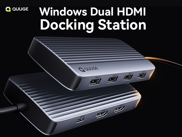 Text reads 'Windows Dual HDMI Docking Station'. Multiple angles of a black electronic docking station device with HDMI ports and sleek design.