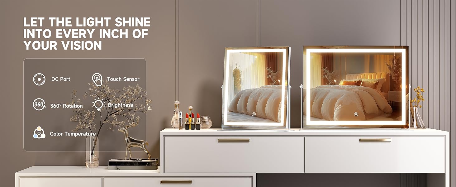 vanity mirror DC Port Touch Sensor 360° Rotation Brightness Color Temperature