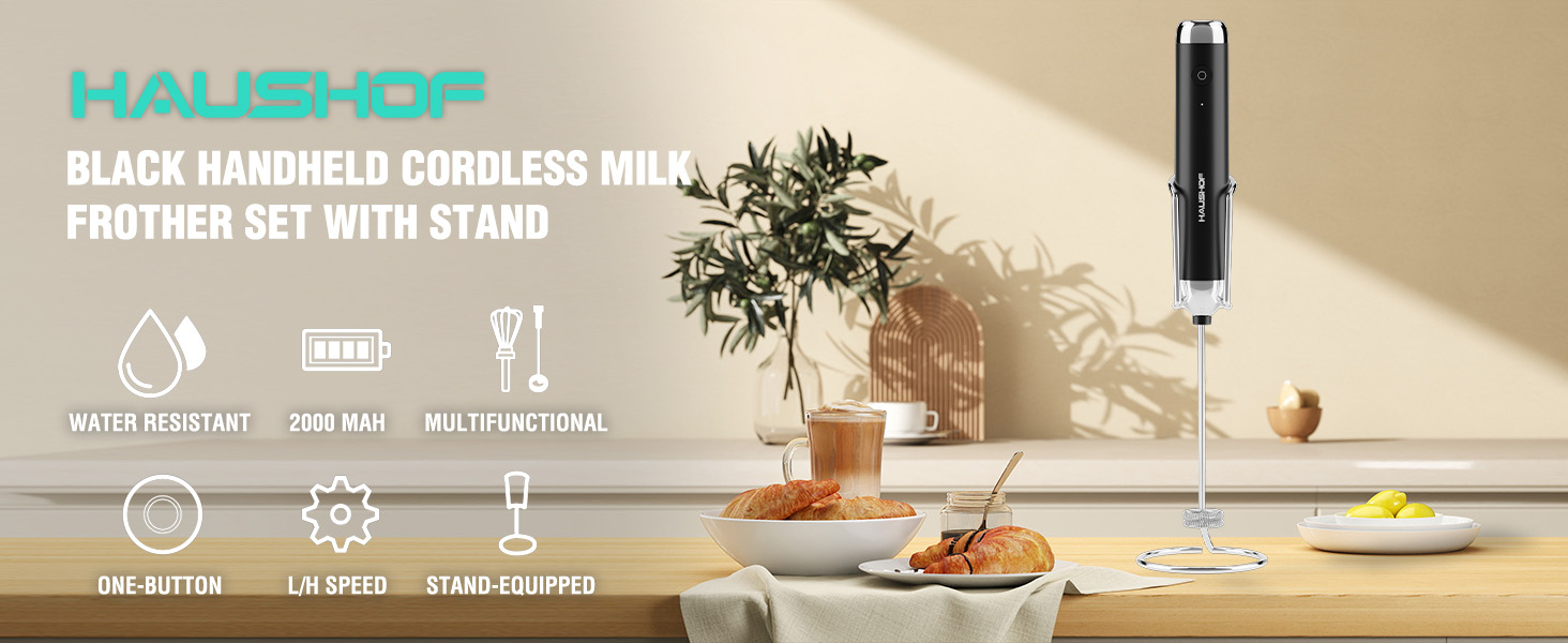 Black Handheld Cordless Milk Frother Set with Stand