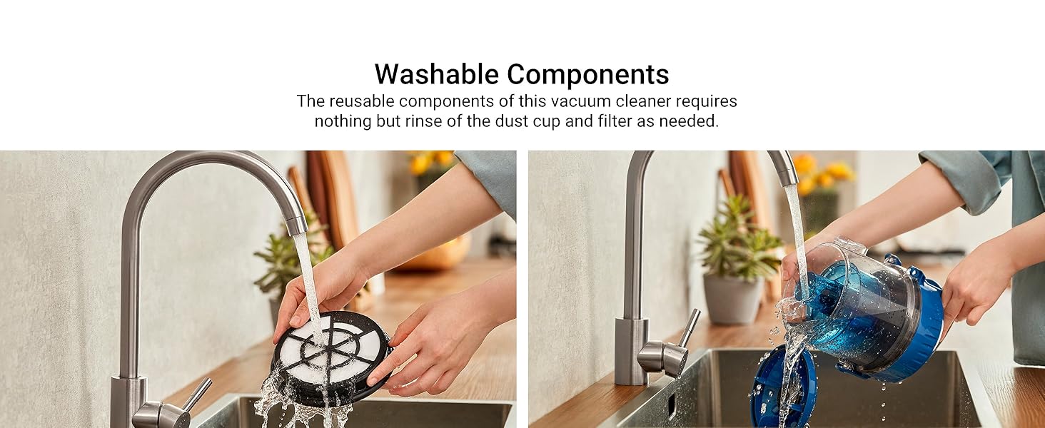 The dust cup and filter of thiscanitser vacuum cleaner are washable and reusable!