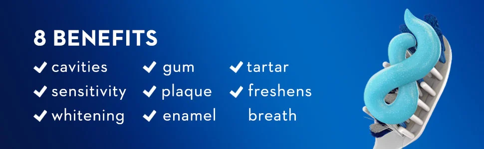8 Benefits: cavities, gum, tartar, sensitivity, plaque, freshens, whitening, enamel, breath