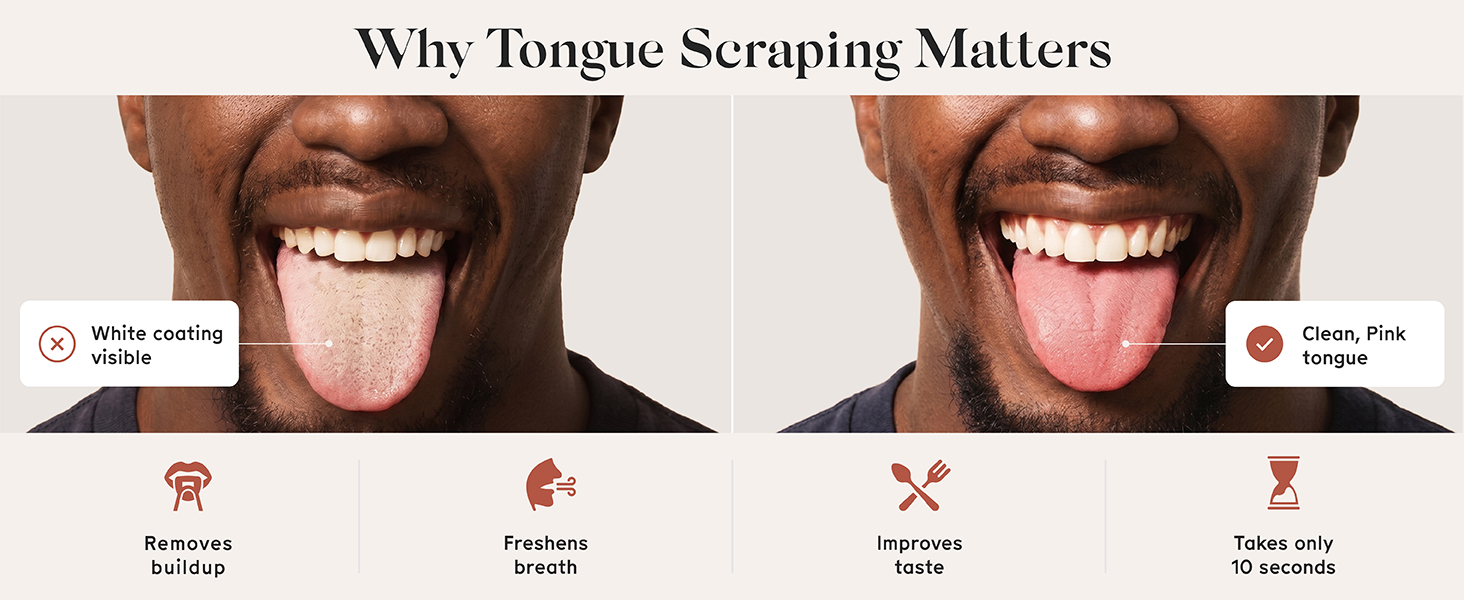 Smiling man showing his tongue before and after scrapping it with Arista’s copper tongue cleaner