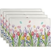 Tulip Placemats Set of 4 Spring Summer Flowers Tulips Lavender Place Mats Watercolor Floral Dande...