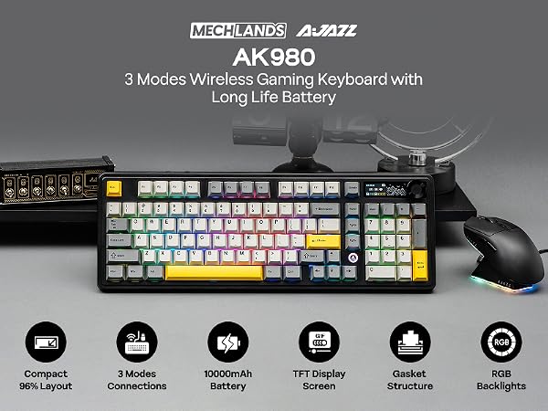 Text reads 'AK980' '3 Modes Wireless Gaming Keyboard with Long Life Battery'. Black gaming keyboard with rainbow backlit keys and wireless mouse, with 6 feature icons below.