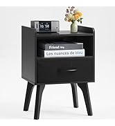 YUFAM Wooden Night Stand,Mid Century Modern Nightstand,Side Tables with Fabric Drawers and Open S...
