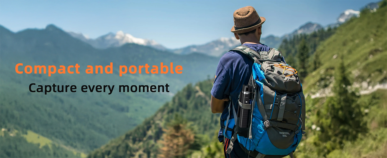 Text reads 'Capture every moment' and 'Compact and portable'. Outdoor adventure scenes featuring mountain landscapes and hiking activities.