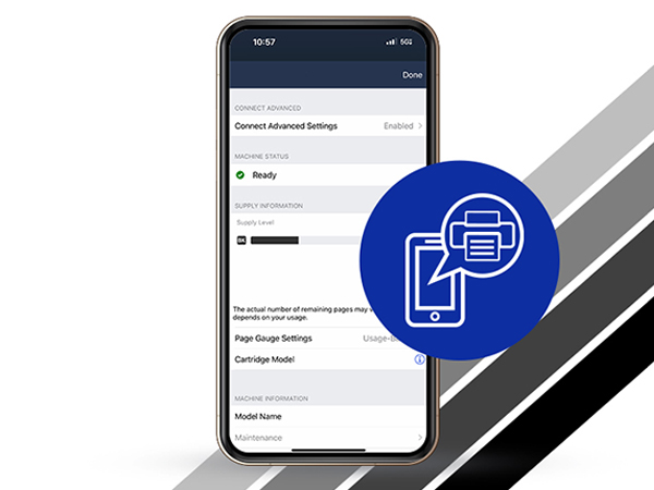 Smartphone with Brother Mobile Connect app showing approximate toner levels of connected printer