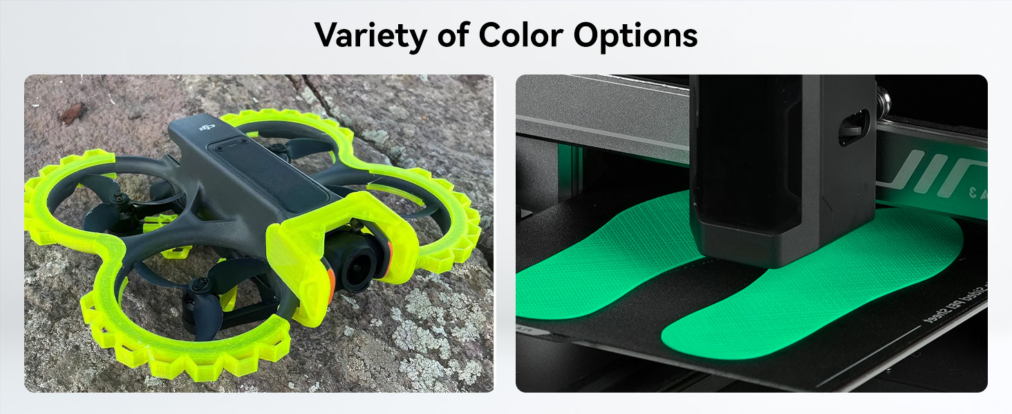Two-panel image showcasing color options for a product. Left: Neon green and gray drone-like device on rocky surface. Right: Bright green insoles on a dark surface.