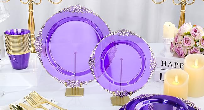 Purple and gold dinnerware set