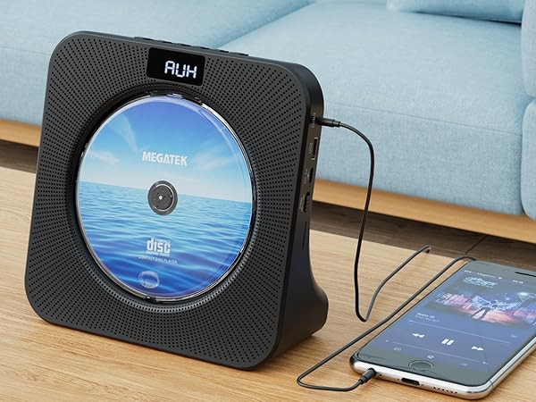 MEGATEK CP28BR Portable Desktop CD Player with AUX Input is Connected with a Smart Phone