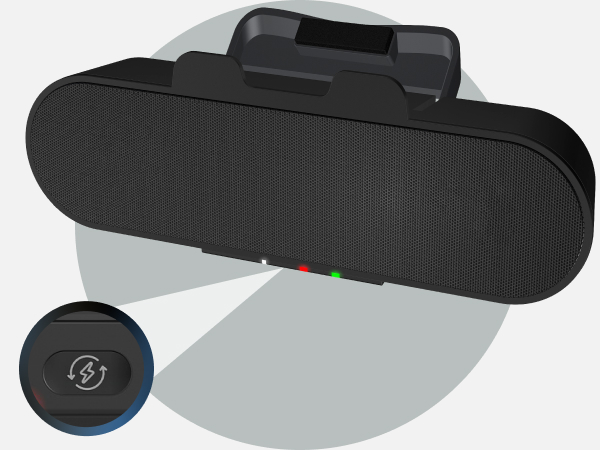 Image of a CA-2890PRO speakerbar with a highlight on the power switch USB-C booster button